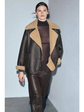 Zara Faux Shearling Jacket Womens Small Brown Double Faced 3548/241 NWT